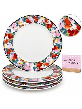 China Pearl DAISY Red Pink Blue Yellow Floral Rim Fine China Dinner Plates Set 4